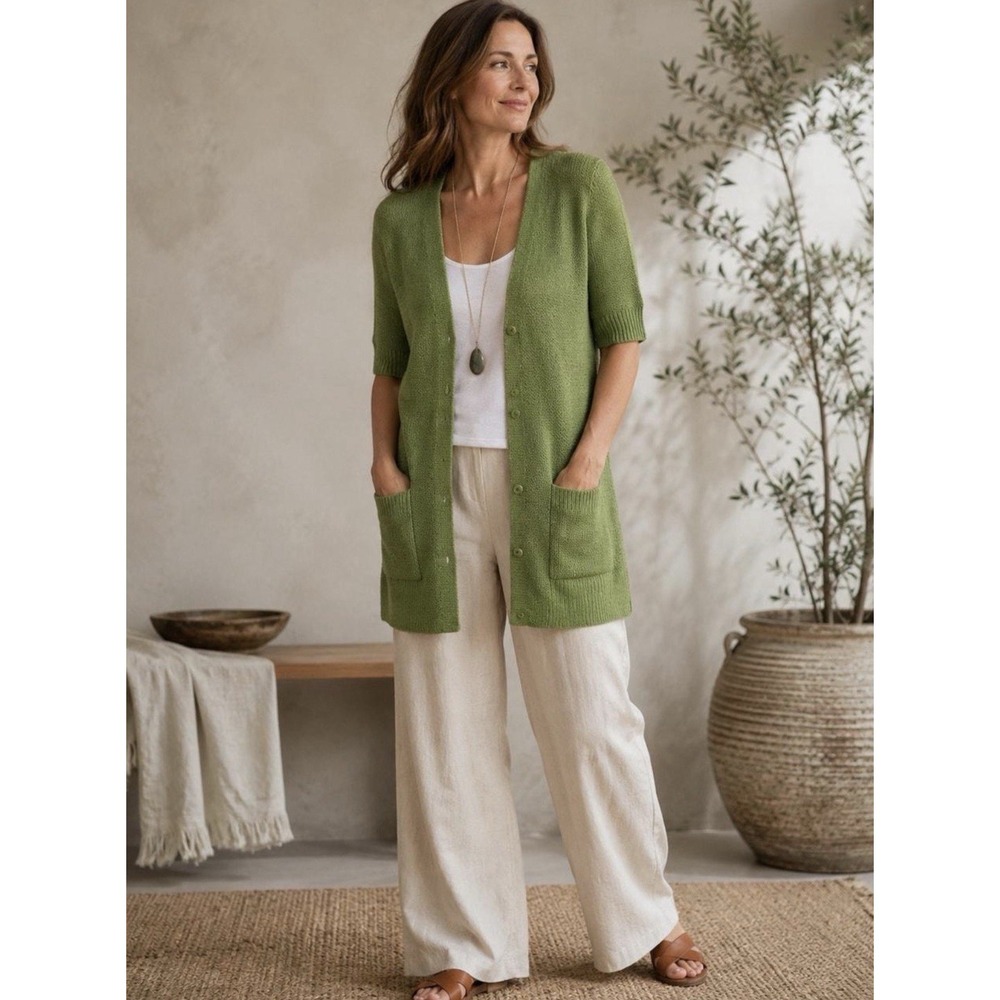 Eileen Fisher 1X Green Wool Angora Cashmere Cardigan Sweater Italian Yarn Luxury